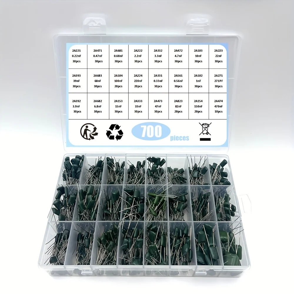 700PCS/lot 24Value Capacitor kit 100V 2A221J to 2A474J Polyester Film Capacitor Assorted Kit 0.47nF 0.68nF 1nF 2.2nF Capacitors