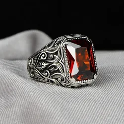 Personalized and fashionable creative inlaid square red zircon men's dating ring