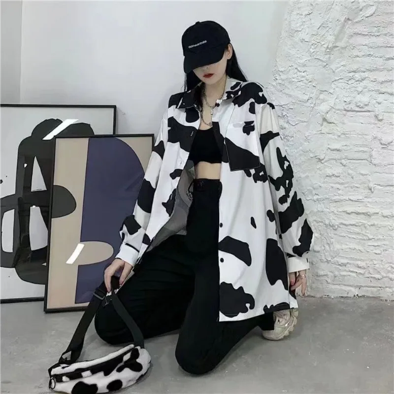 DAYIFUN Women Blouse Summer Oversize Milk Cow Print Lapel Silk Shirts with Pocket Short Sleeve Casual Female Top Cardigan Blusas