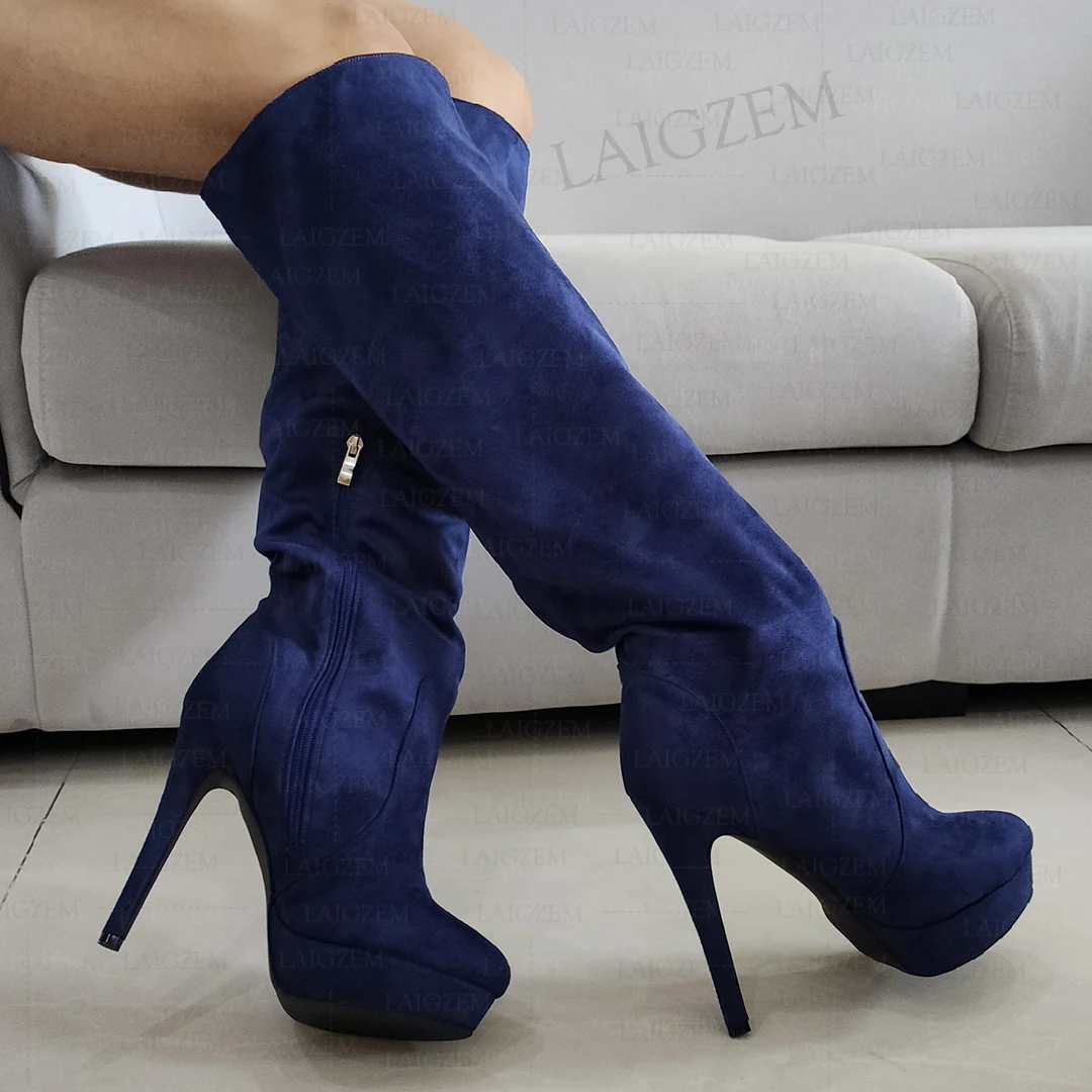 ZHIMA Women Over Knee Boots Pleated Slouch Faux Suede Tall Boots Thin Heel Side Zip Unisex Shoes Woman Big Size 41 43 46 52