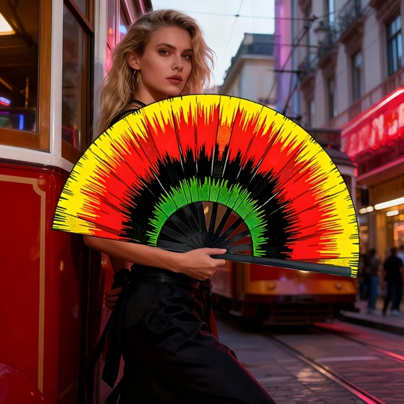 Reggae Color Gradient Folding Fan, Color Gradient Printed Folding Fan, Jamaican Style Yellow, Green, And Red Printed Design, Very Suitable for Electronic Syllable Dance Performances| Jumping Di Fan| Dressing Decoration Fan| Stage Runway| Photo P