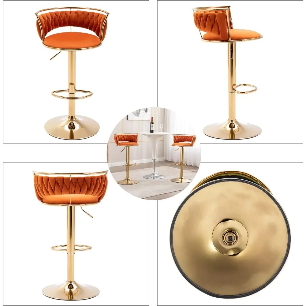 Bar Stools Set of 2, Velvet Adjustable Height Bar Stools Low Back Kitchen Island Counter Bar Chair with Golden Base, Orange