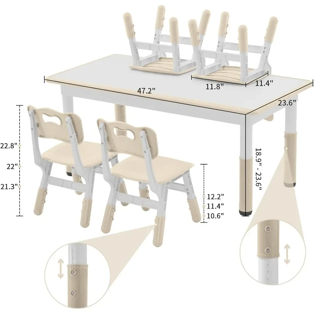 Toddler Table and Chairs Set for 4, 47.2\'\'L x 23.6\'\'W Kids Study Table and Chair Set, Height-Adjustable, Graffiti Desktop