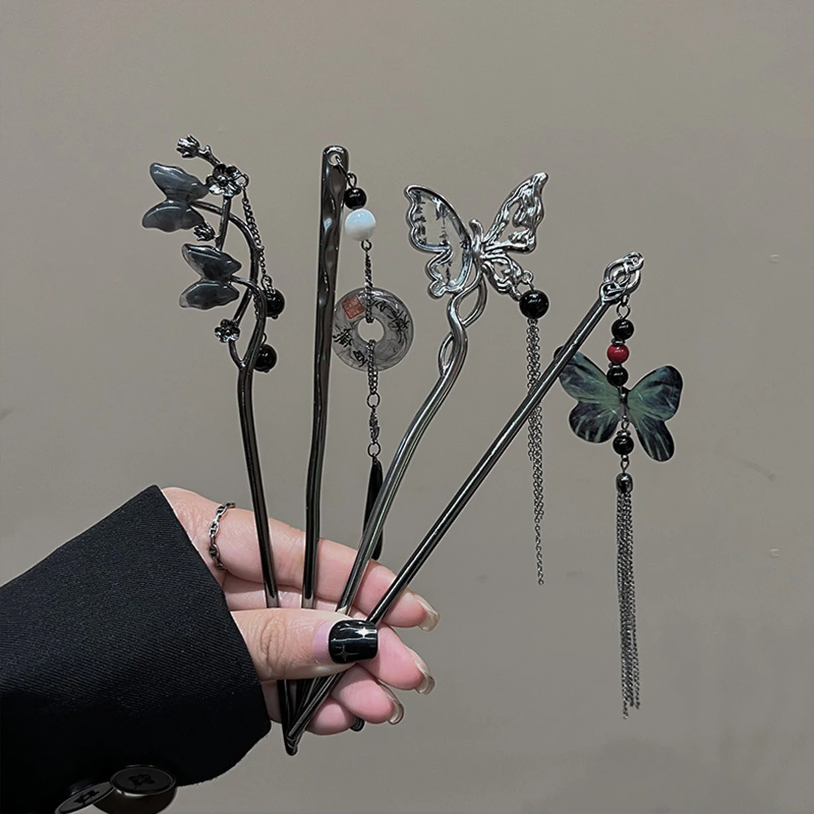 Chinesischer Haarstab im Vintage-Stil mit Schmetterlingsblumen-Quaste für Damen, Metall-Hanfu-Haarstab, Haaraccessoires, Geschenk – Detail 4