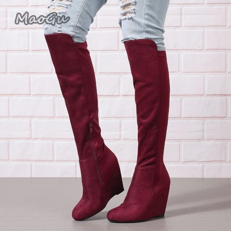 Botas hasta la rodilla de Otoño Invierno Para Mujer, Botas con cuña Para Mujer de talla grande, Botas largas elásticas de ante Para Mujer, Botas femeninas Para Mujer
