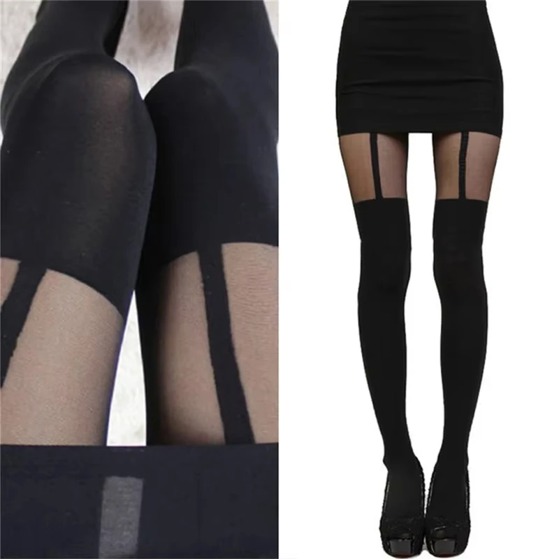 Heißer Verkauf Sexy Frauen Schwarz Gefälschte Strumpfband Strumpf Strumpfhosen Über Das Knie Strumpfwaren Strümpfe Geschenke Großhandel