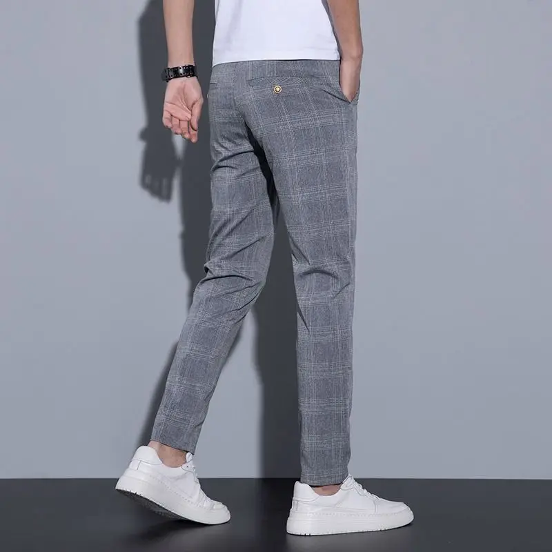 

Summer Thin Business Elastic Fashion Trend Slim Casual Print Suit Pants Men's Button Zippered Pockets Korean Straight Trousers