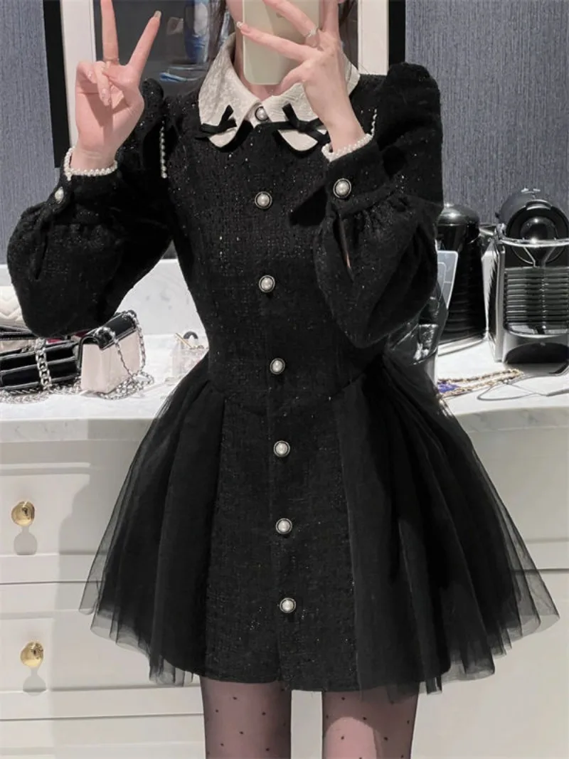 

French Temperament Doll Neck Fluffy Dress Women Fashion Bow Mesh Single Breasted Korean Sweet Waist Slimm Banquet Lady Dressing