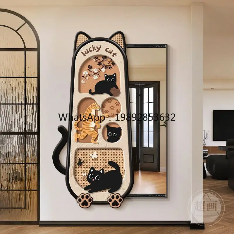 LYY French Retro Entrance Decorative Painting Cartoon Cat Vintage Style Dressing Mirror Hidden Sliding Full-Length Concealed