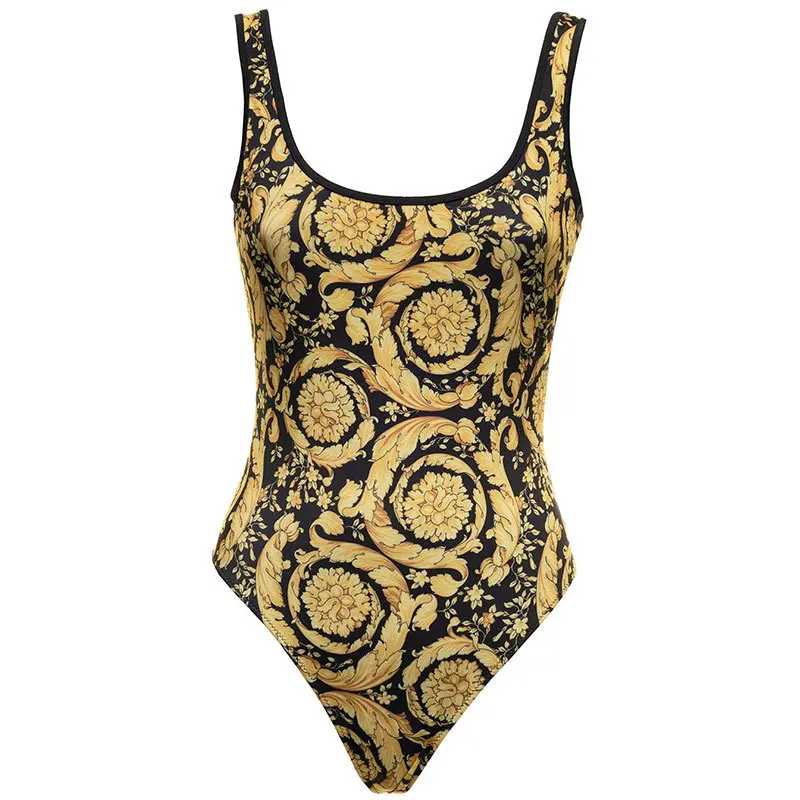 Retro Gold Backless Swimwear for Women, Vintage Holiday Beach Dress, Designer Bathing Suit, Summer Surf Wear