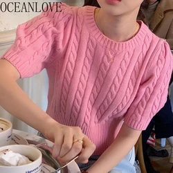 OCEANLOVE Puff Sleeev Solid Sweaters Women Tops Korean Fashion Chic Simple Pull Femme Spring Summer Sweet Short Pullovers