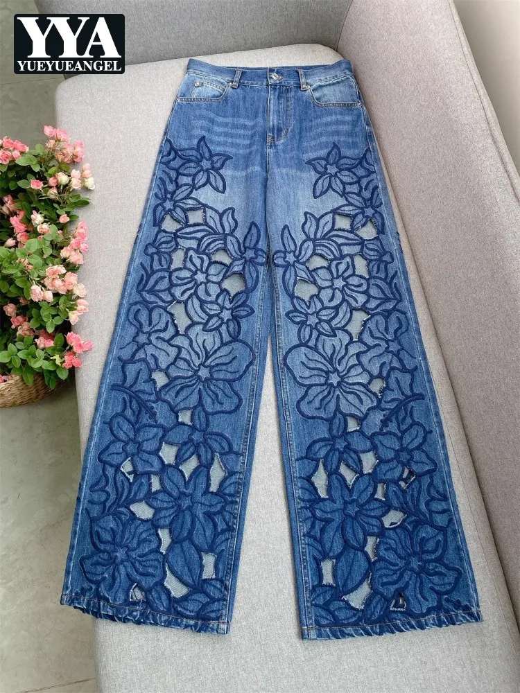 

Summer Women Jeans Floral Embroidery Straight Trousers Designer Streetwear Casual Hollow Out Vintage High Waist Denim Long Pants