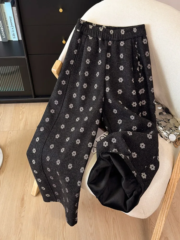Damskie zimowe ocieplane spodnie z szerokimi nogawkami, haftowane kwiatami, z wysokim stanem, o prostym kroju, wyszczuplające, codzienne spodnie.