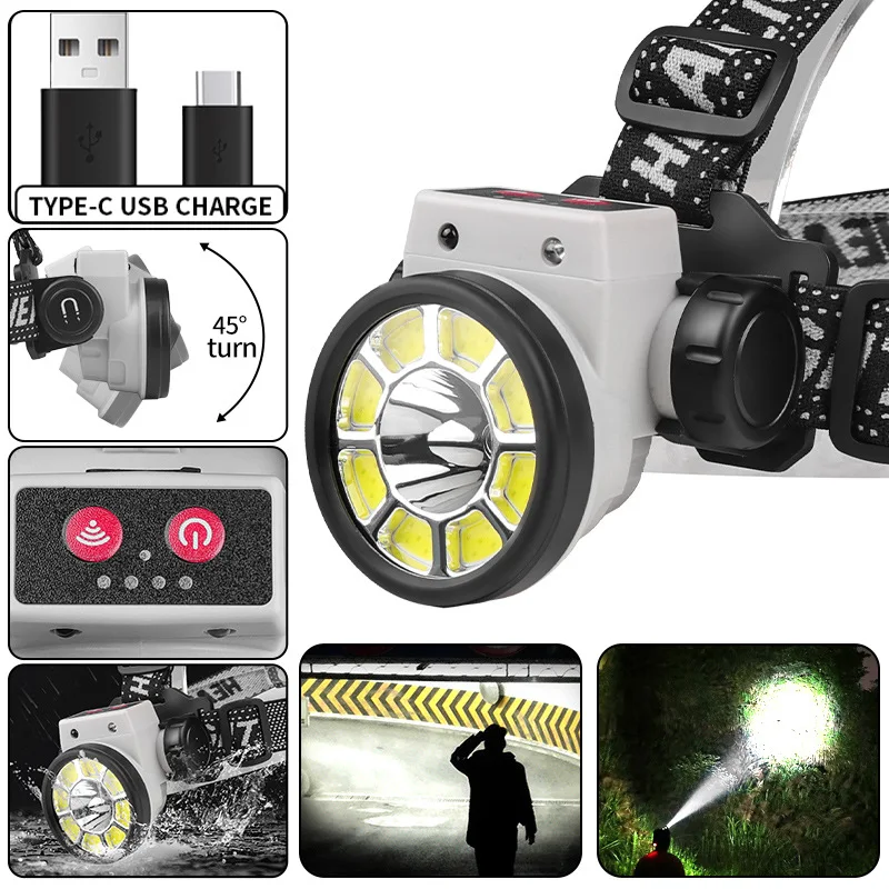 

High Power LED Headlamp Camping Fishing Rechargeable Working Lamp High Power Flashlights Motion Sensor Ultra Bright Headlight