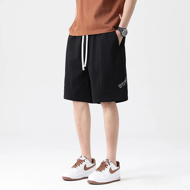 Men's Summer Elastic High Waist Letter Embroidered Bandage Pockets Solid Color Casual Loose Straight Knee Pants Fashion Shorts