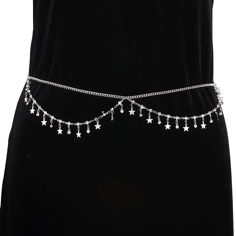 Shiny Rhinestone Star Tassels Multilayer Belly Waist Chain for Women Sexy Star Cross Belt Aesthetic Summer Beach Body Jewelry