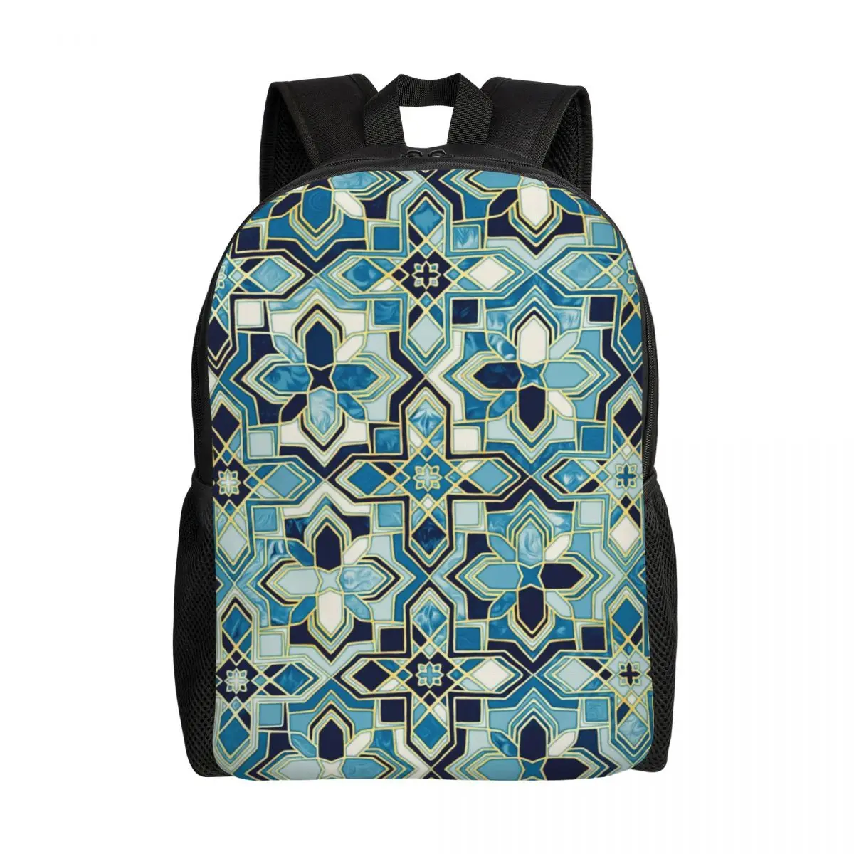 Custom Moody Moroccan Blues Gilded Tile Pattern Laptop Backpack Men Women Casual Bookbag for College School Students Bags