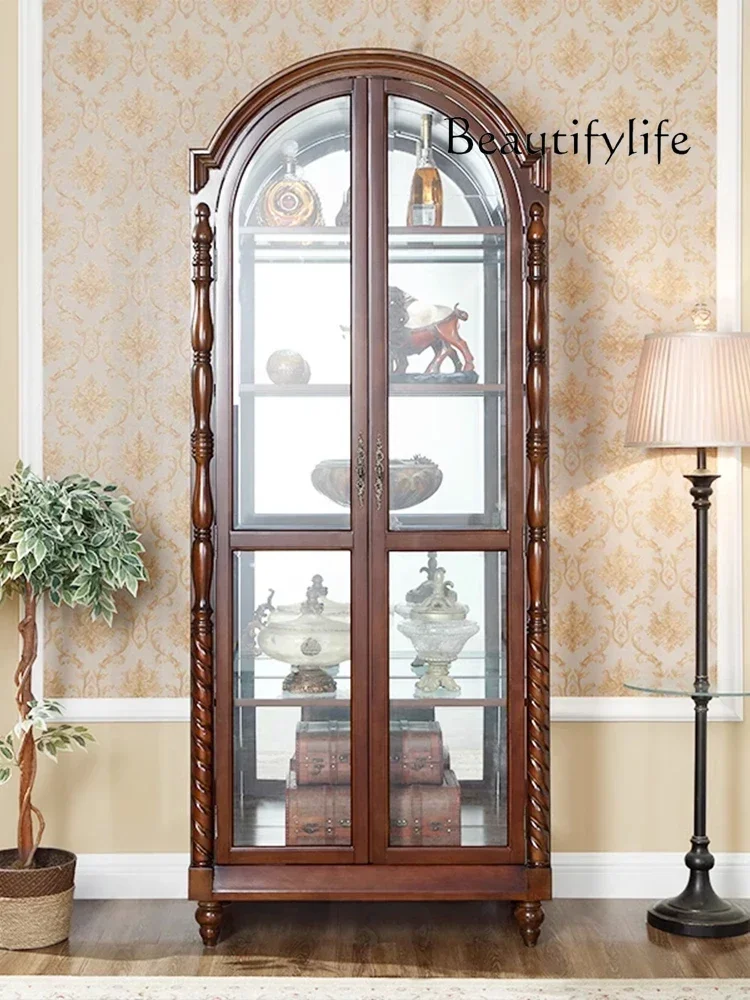 

N40BK American Solid Wood Wine Cabinet European Simple Retro Arched Bookcase Living Room Partition Wall Glass Display Cabinet