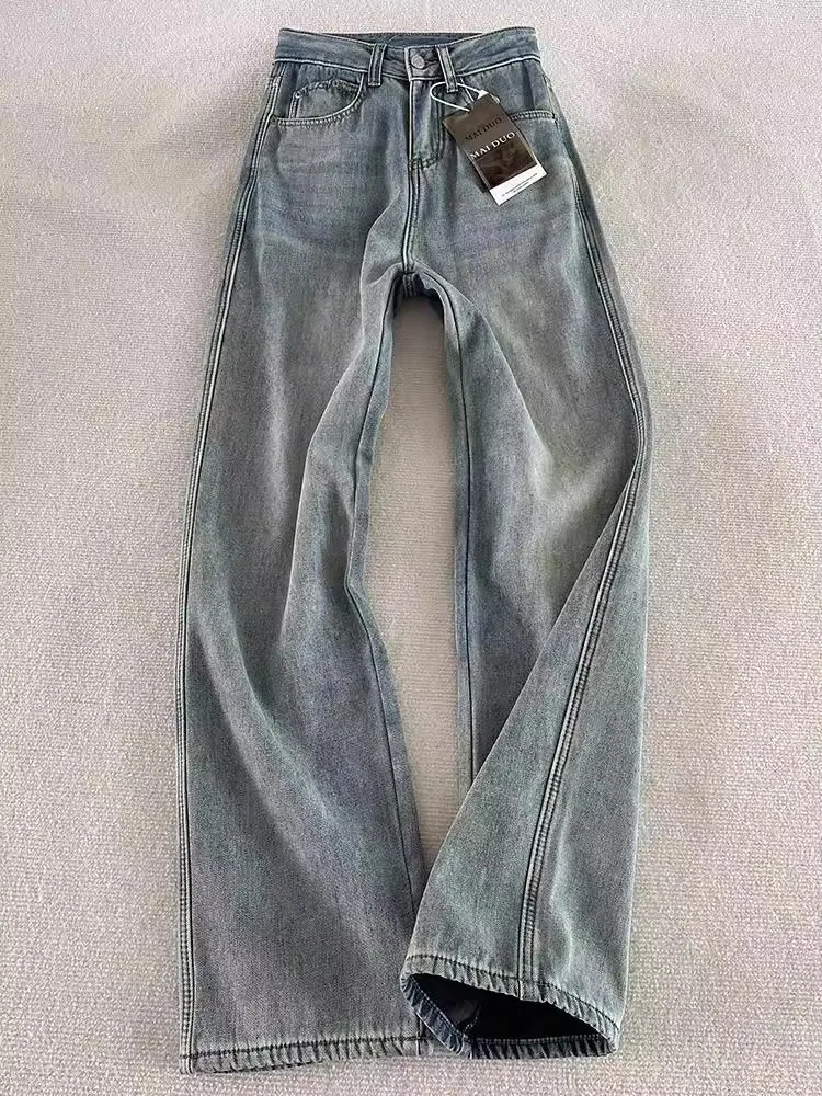 

American Retro Blue Men's Jeans High Street Cleanfit Straight Leg Pants Drapey Slim Wide Leg Trendy Jeans Youth Wear