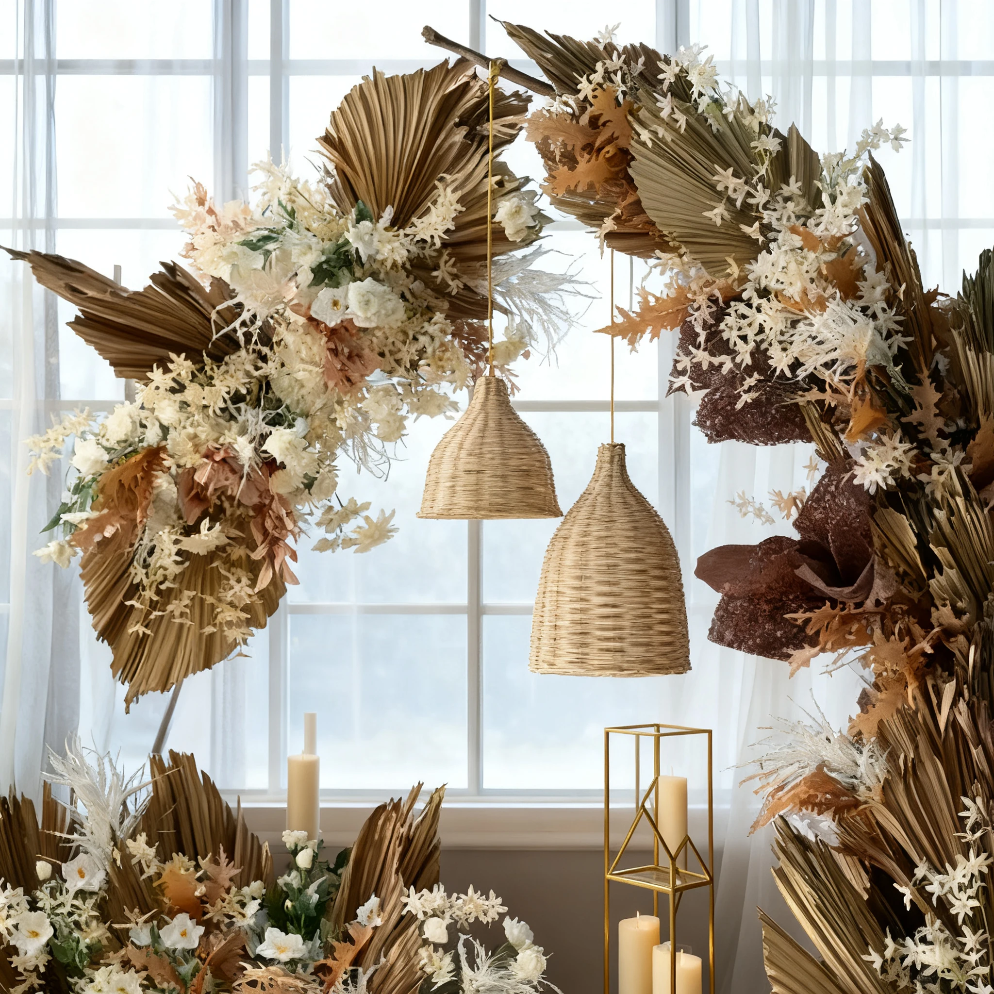 

Wholesale Artificial Flower Archs Dried Pampas Grass Palm Flower Runner Arrangement Floral Frame Photography Backdrop