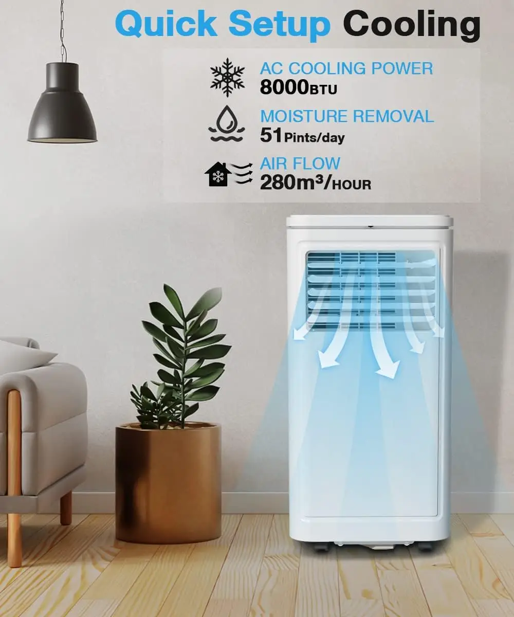 Climatiseur portable, 8000 BTU pour pièce jusqu'à 350 pieds de reproduction, AC portable avec DeAquarelle et ventilateur, 2 vitesses de ventilateur, minuterie 24h, Remo