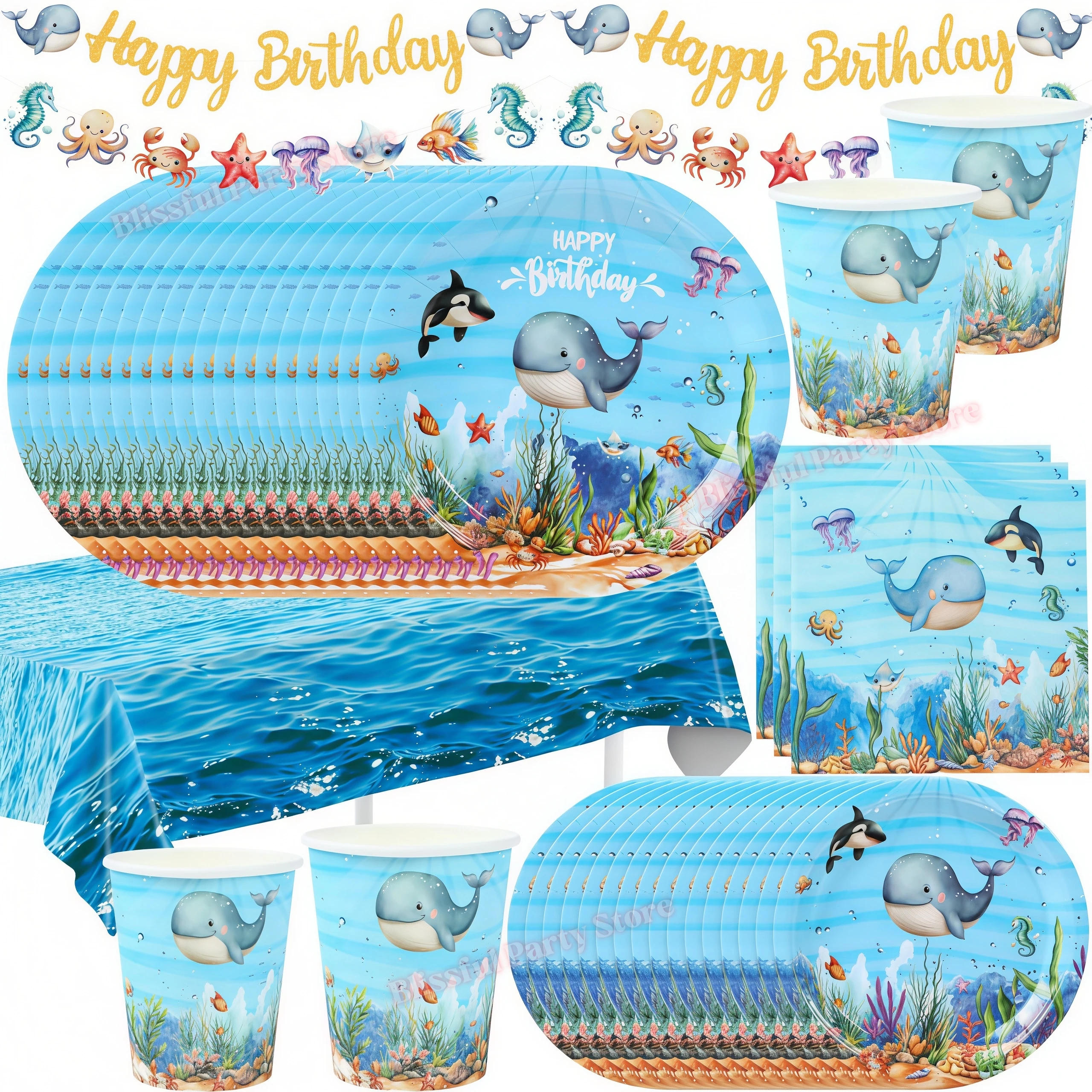 Vaisselle jetable sur le thème des animaux marins, décoration de fête pour le 1er anniversaire, cadeaux pour enfants, fournitures de fête sous l'eau, cadeaux pour la fête de naissance sur le thème des