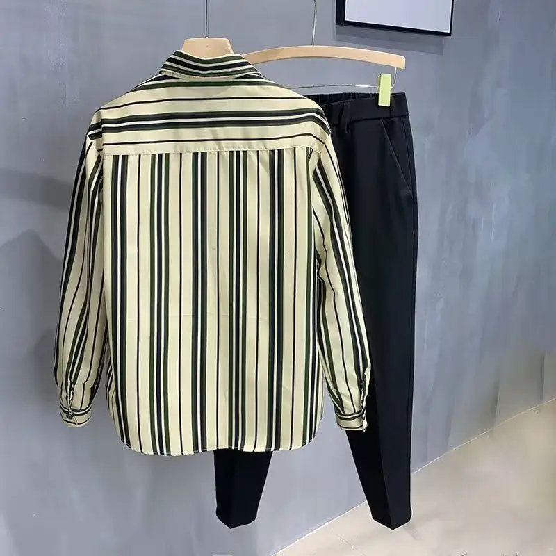 Fashion Color-blocking Striped Men New Splicing Square Collar Button Pockets Loose and Versatile Casual Long-sleeved Shirts