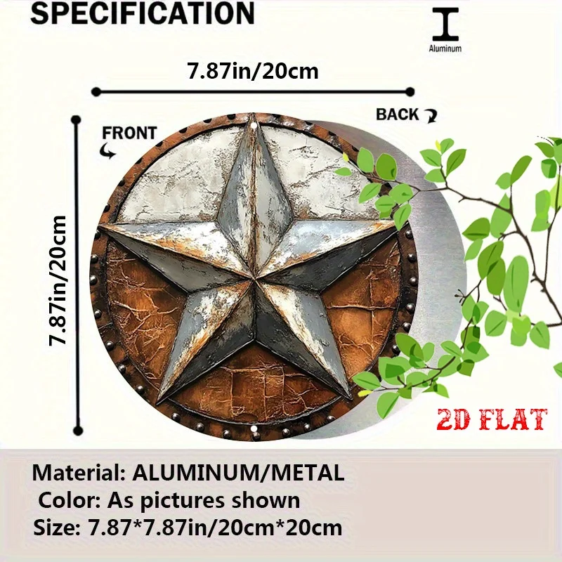 2D Flat 1pc Retro Tin Sign Featuring A Distressed Star Emblem with Rivets Around The Edge Round Wall Art Tea House Veranda Area