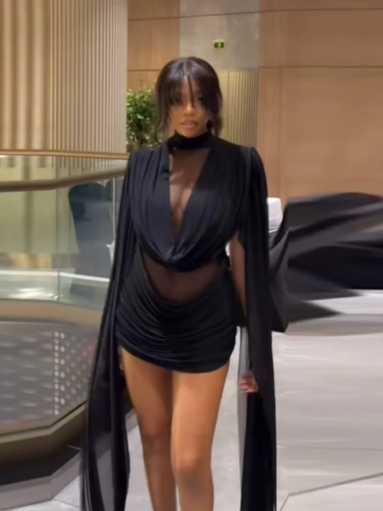 Elegante abito trasparente Elegante designer retrò Tendenza Abito da donna Party Chic Notti autunnali Elegante club serale da donna Abbigliamento modesto