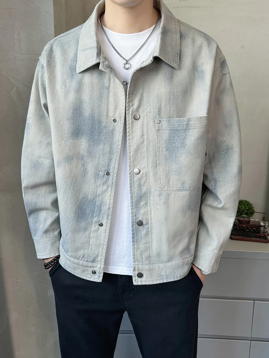 

Spring Autumn Trendy Casual Men's Jaet Collared Outerwear Faionable Youth Polyester Cotton Blend Long Sve Loose Fit