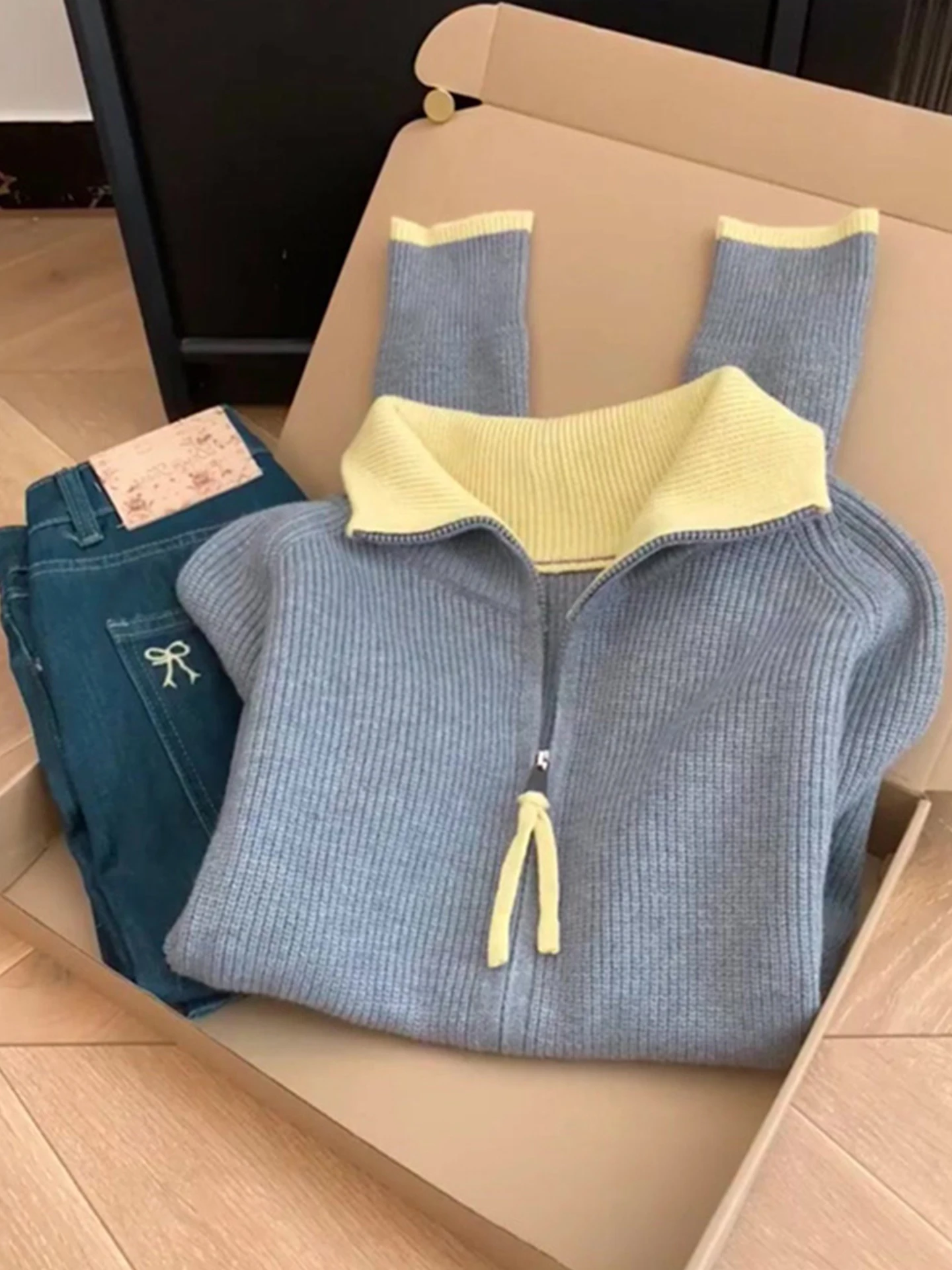 

Double Zipper Long Sve Knitted Cardigan Sweater Comfortable Sli Color Blo Design Commute Friendly Korean Sle