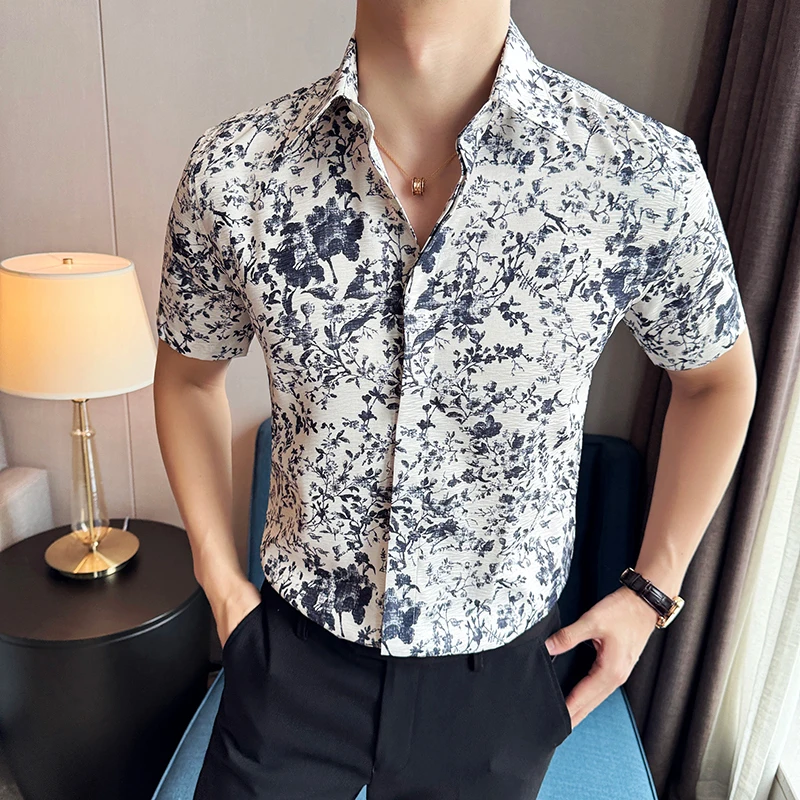 2024 Summer Retro 3D Dimensional Printed Shirts Men Short Sleeved Slim Fit Casual Business Social Formal Shirt Club Outfits