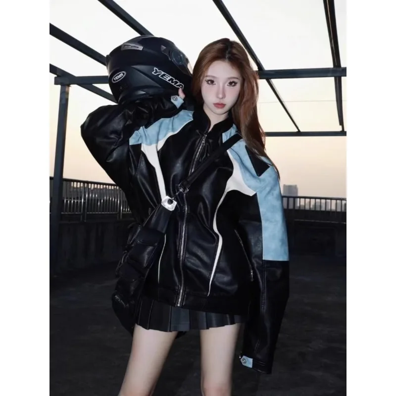 Hip hop  coat Men women Autumn and winter Europe and America New style Stand collar Color match Biker jacket jacket women