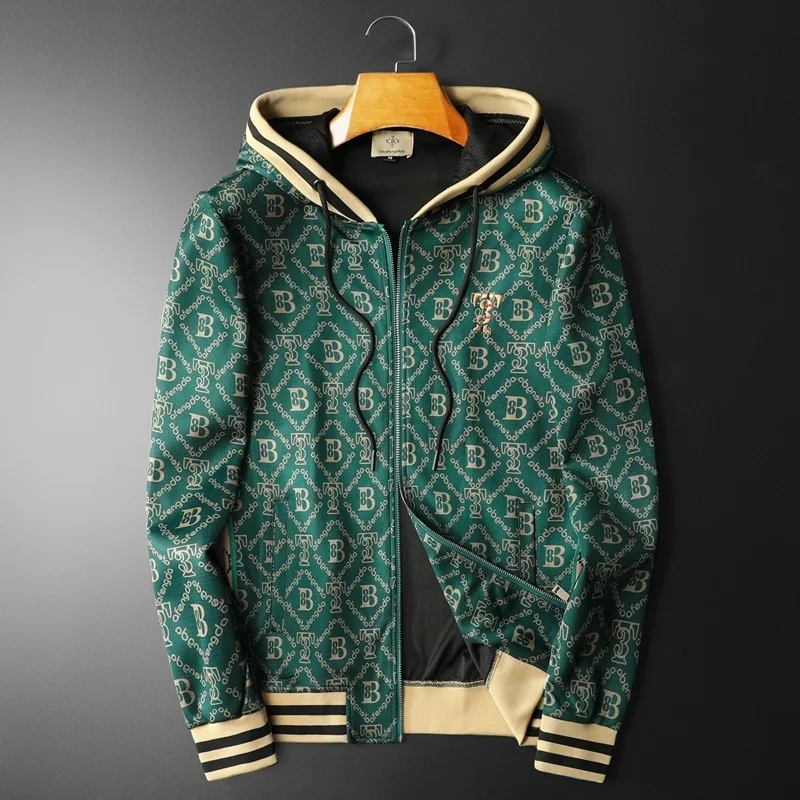 

Retro Letter Print Mens Hooded Jacket Color Contrast Classic Fashion Designer Bomber Jackets Men Party Club Outfit Men Green