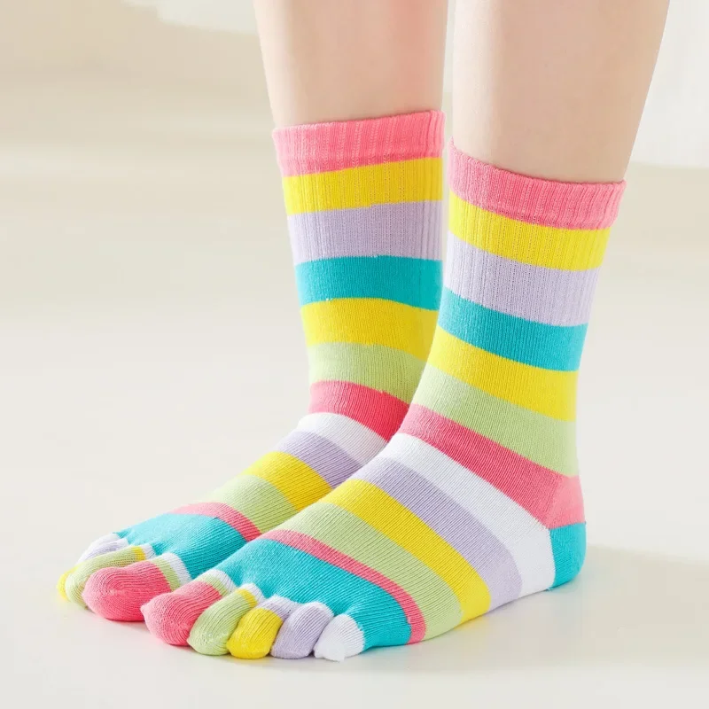 

Autumn And Winter Rainbow Color Five-finger Sock Mid-tube Toe Socks Mid-tube Five-toe Breathable Women Socks