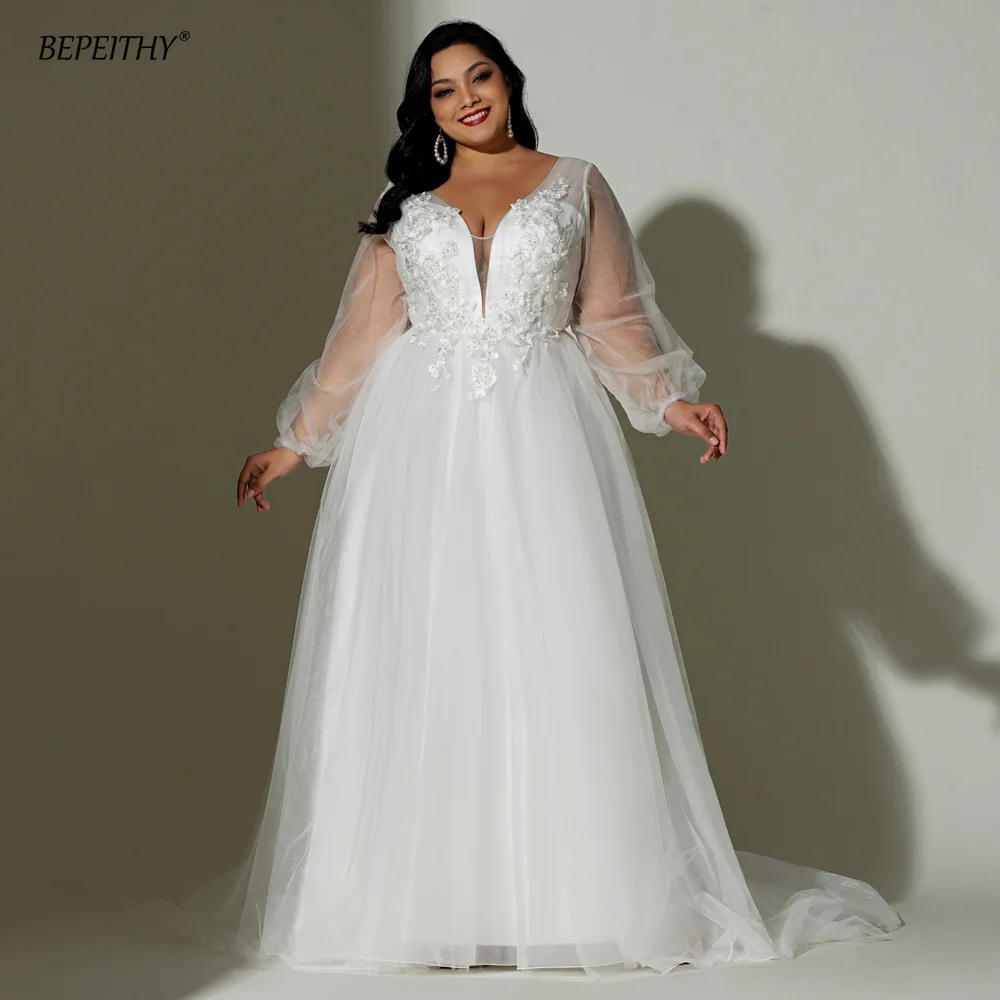 BEPEITHY Customized V Neck Ivory Wedding Dresses Curve Women 2024 Spring Full Sleeves A Line Sexy Backless Bridal Gown Plus Size