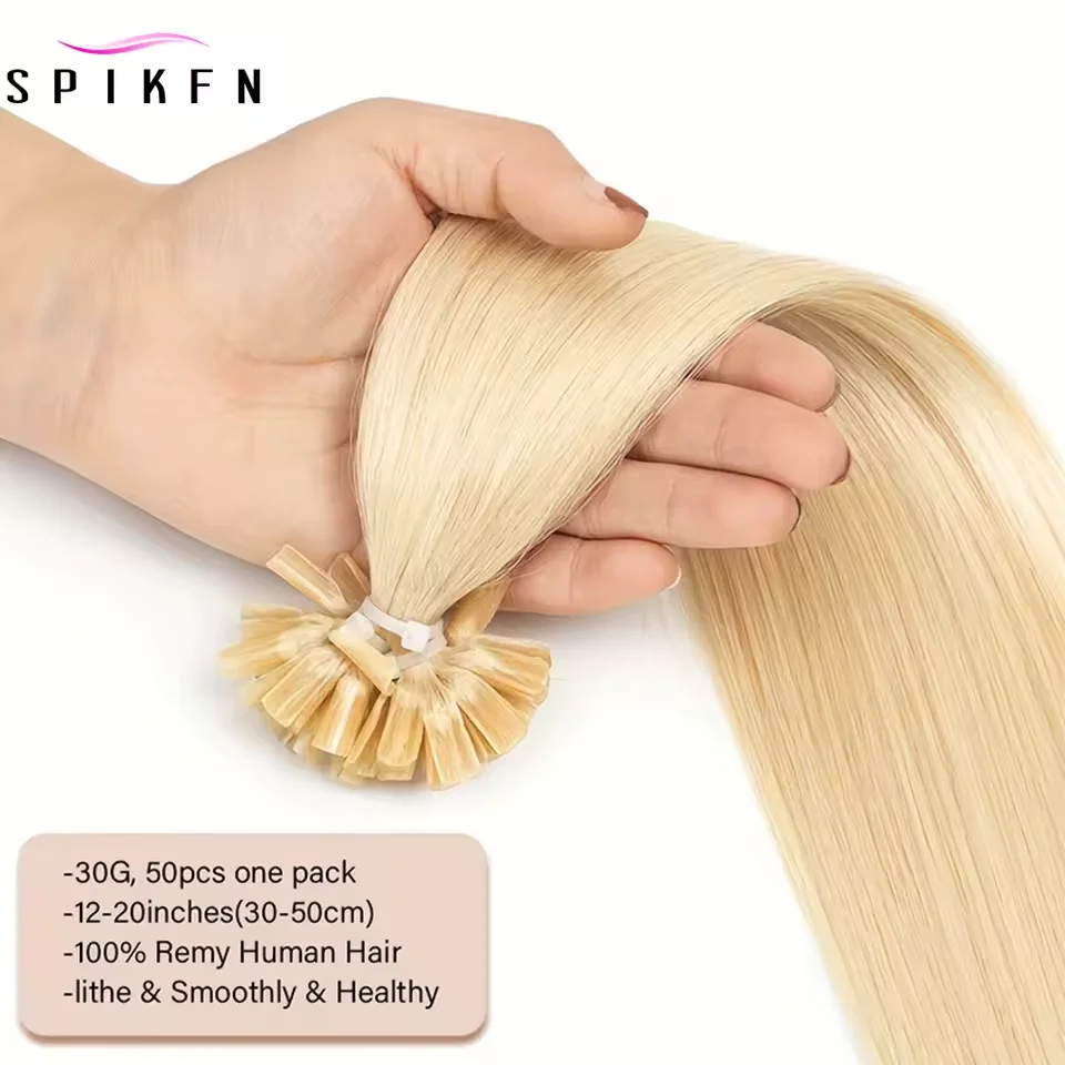 SPIKFN ネイルUチップ人毛ハイライトハニーブロンドプレボンドヘアエクステンション50本/パックナチュラルストレートホットフュージョンヘア30G