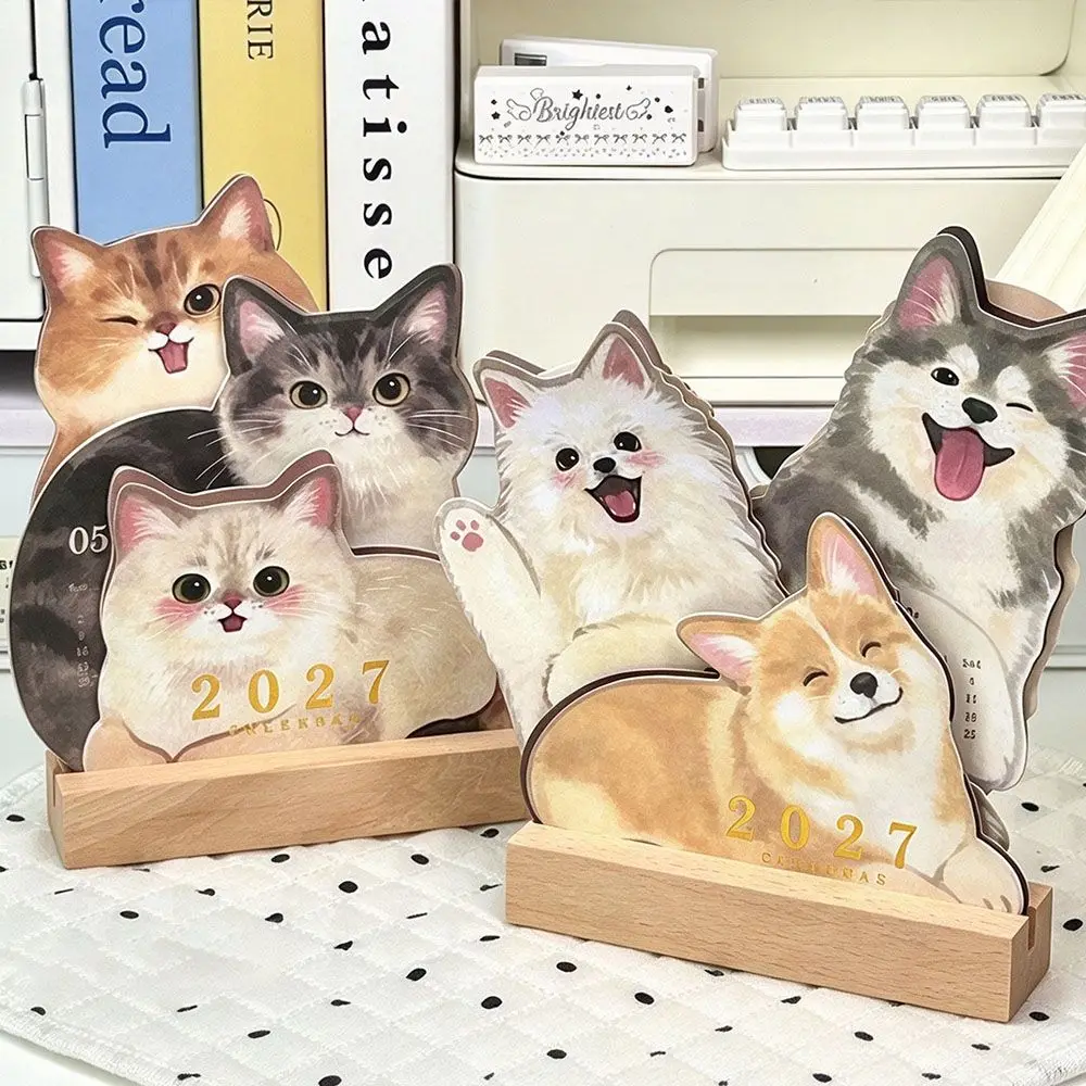 New Detachable Wooden Base 2027 Desk Calendar Cartoon Cat Dog Standing Cat Calendar Standing Table Calendar Desk Decoration