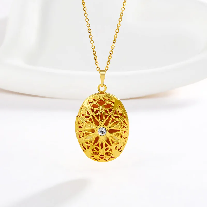 

Luxury 24K 9999 Pure Gold real gold Women's Hollow Pattern Oval Pendant Necklace