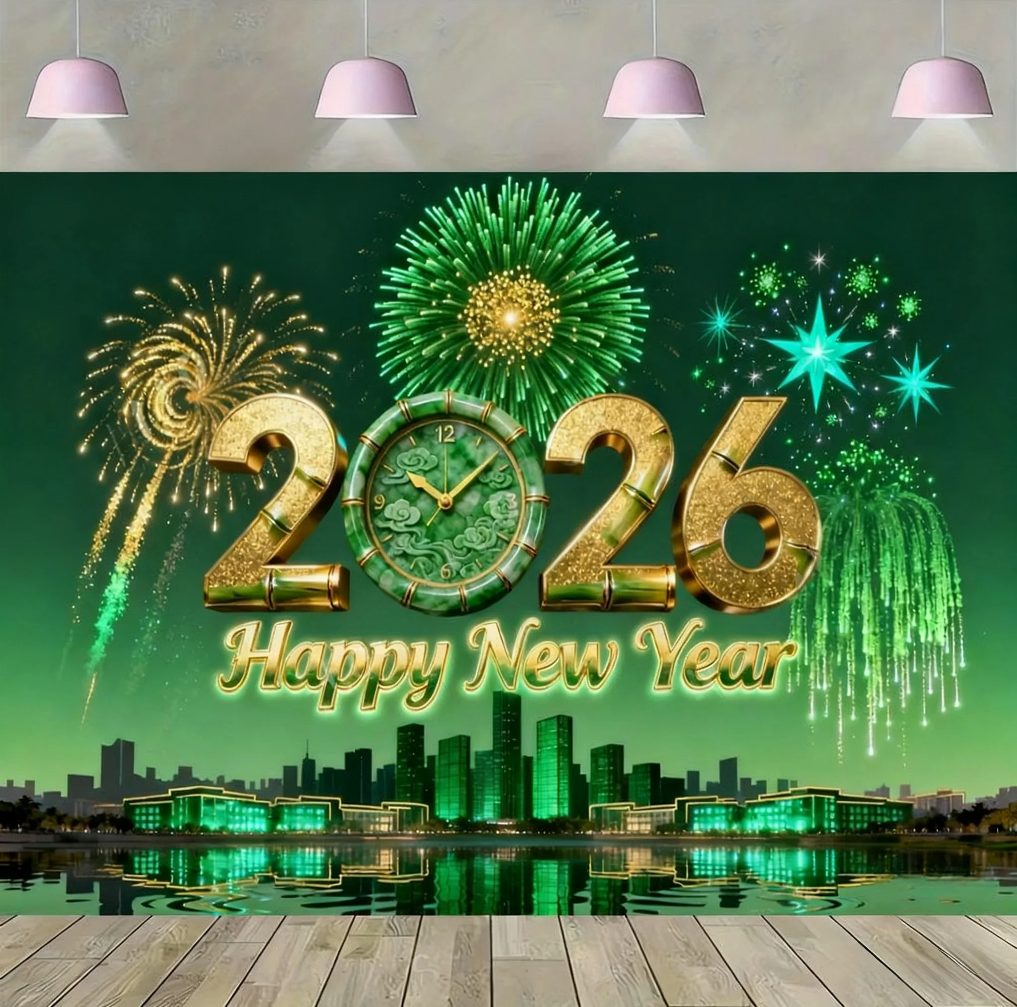 2026 سنة جديدة سعيدة الاحتفال خلفية الزهور الأرجوانية ساعة جيب أفق المدينة ديكور خلفية حفلة عائلية