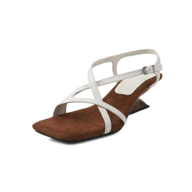 

Fashion Genuine Leather Shoes Cross Straps Square Toe Women Sandals Wedges High Heels Summer Ladies Party Dress Shoes