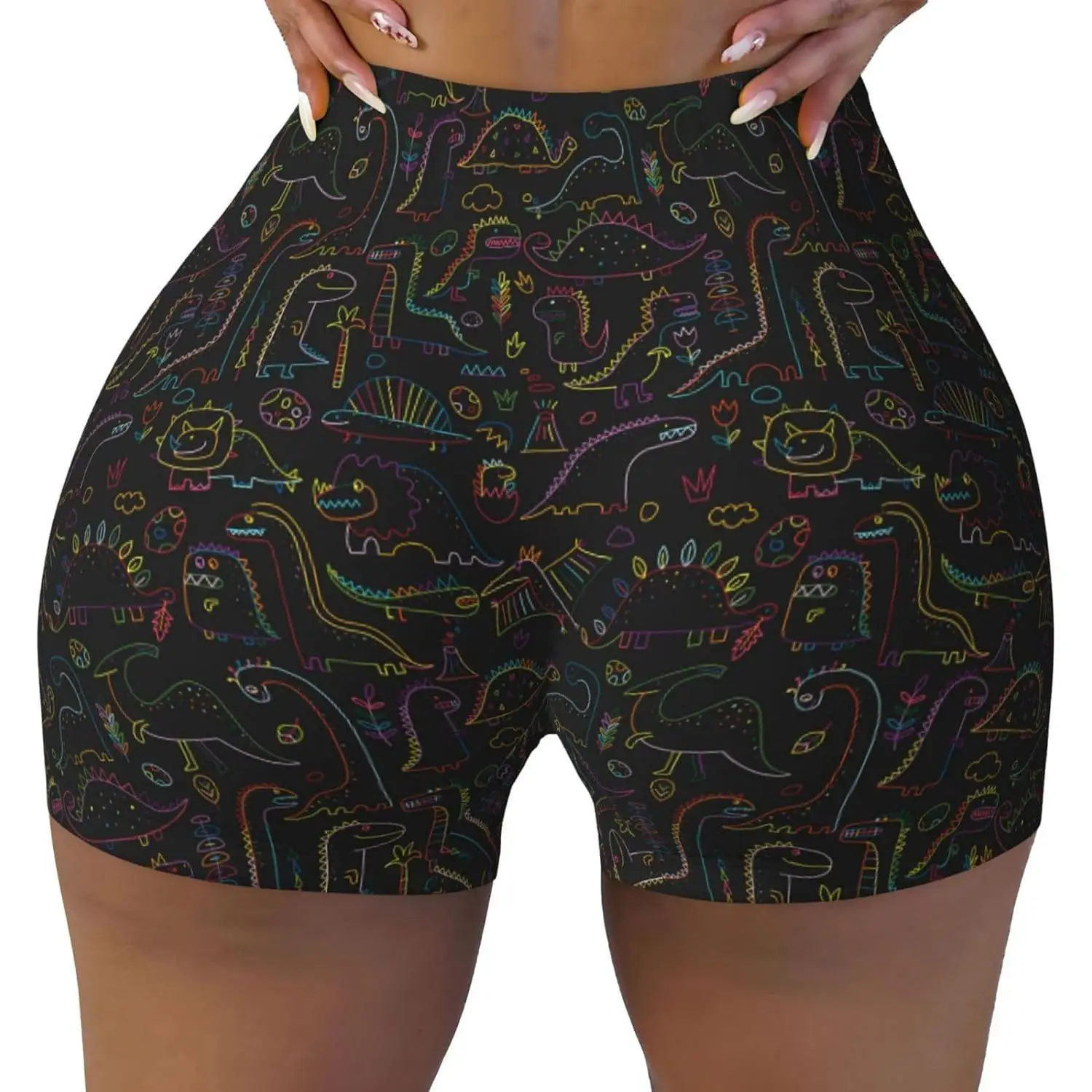 شورت Doodle Dinosaur مطبوع للتمرين للنساء في صالة الألعاب الرياضية واليوجا والجري والرياضة النشطة واللياقة البدنية #1