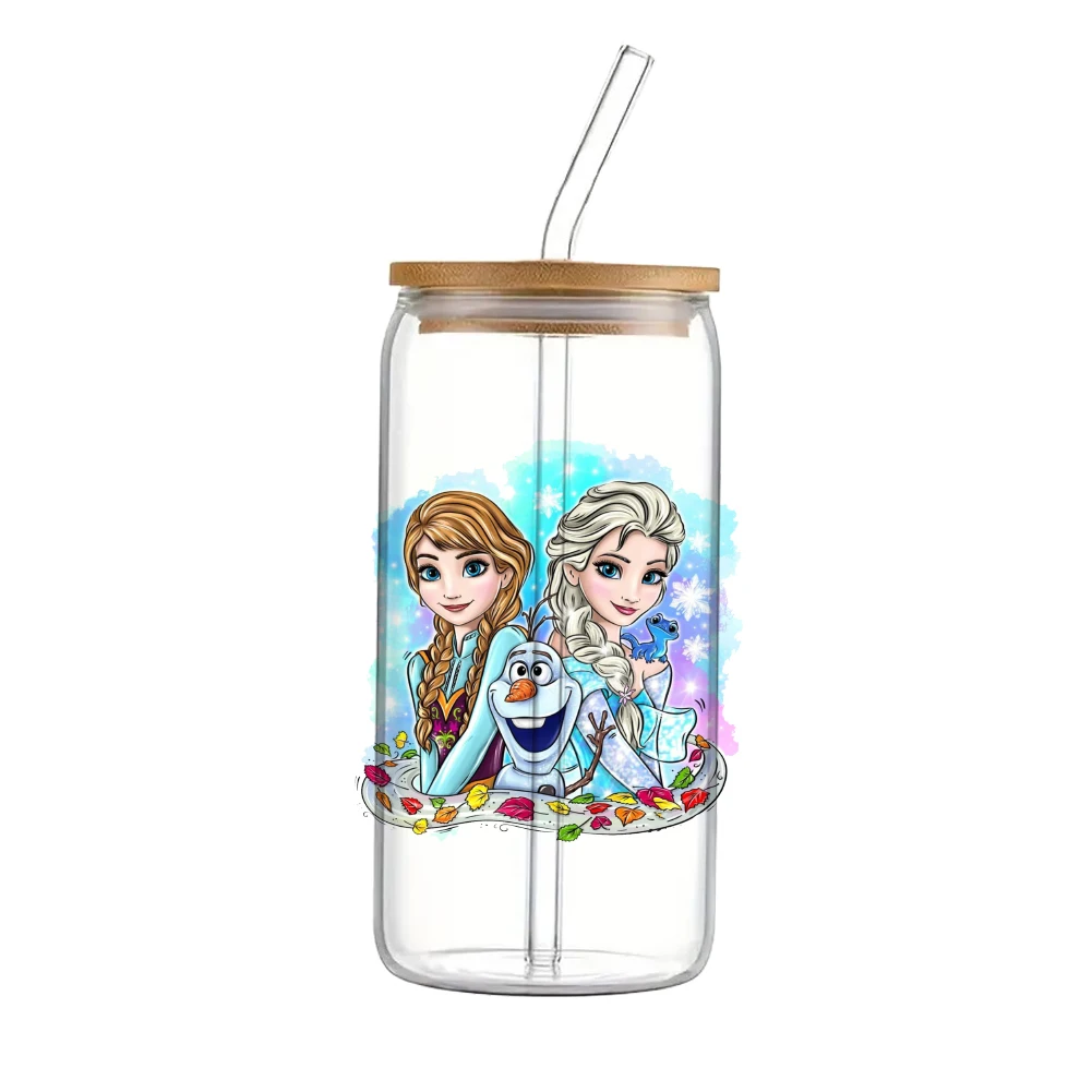 Disney princess Frozen Elsa For Libbey 16oz Can Glass 3D Waterproof UV DTF Coffee Can Wrap Libbey Glass Wrap 11x11cm