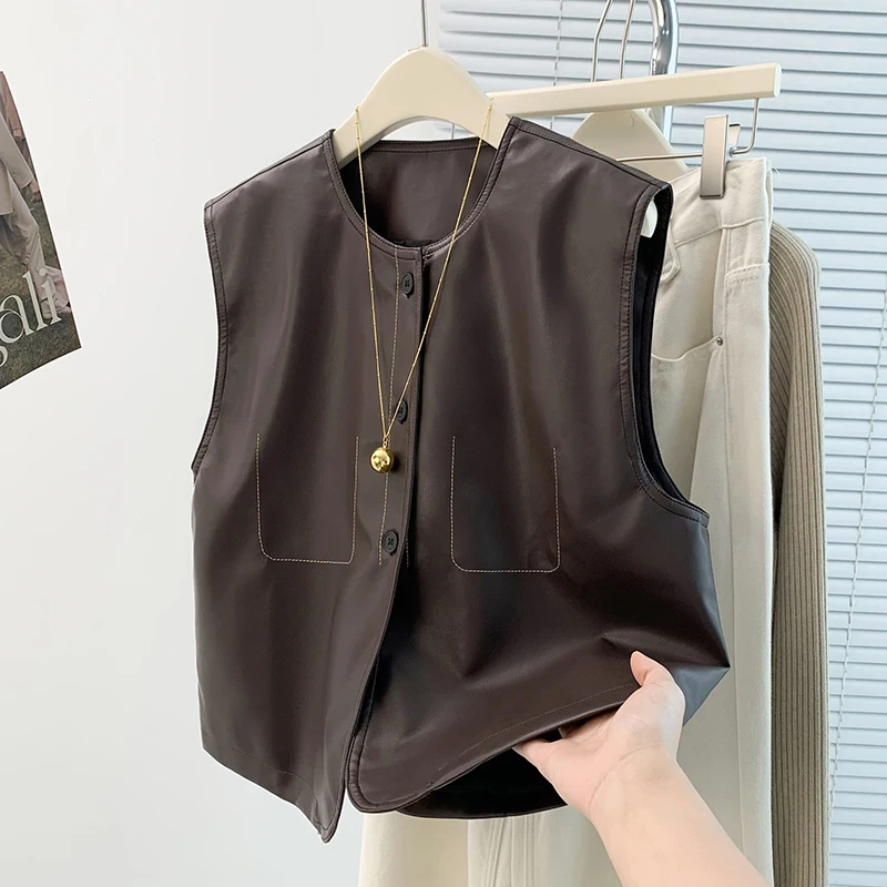 

Casual Sli round Ne PU Leather Jaet Vest Loose Fit Single Button Autumn Outerwear Simple Faion Commute Polyester Fiber