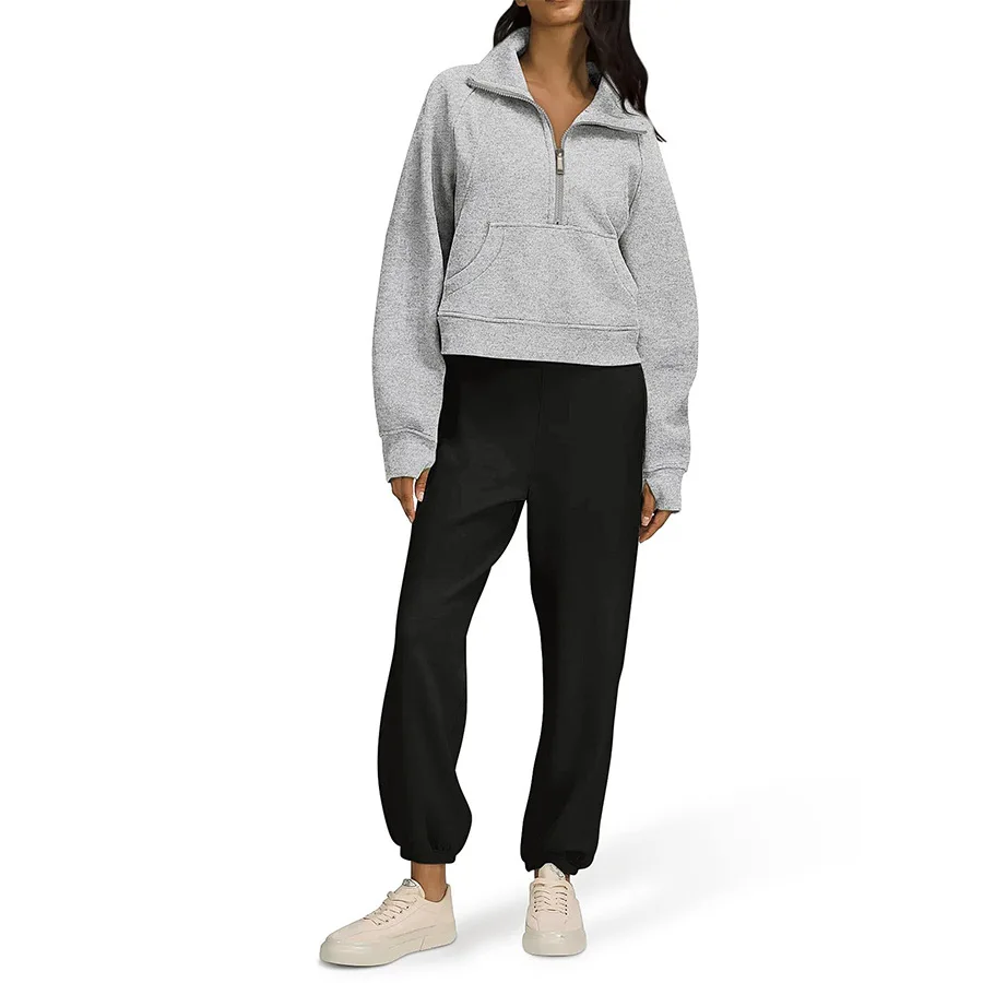 سترة نسائية من الصوف بنصف سحاب ملابس رياضية بياقة لولو وجيب سترة خريف وشتاء من البوليستر نمط كاجوال للتنقل