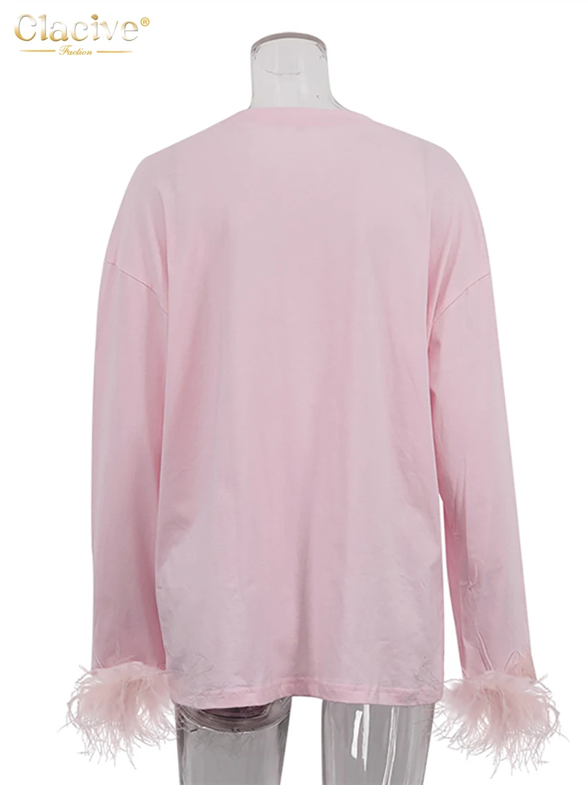 Clacive Casual Loose Pink Cotton Women's Top Fashion O-Neck Feather Long Sleeve T Shirt Elegant Classic Tee Top Odzież Damska — zdjęcie 7