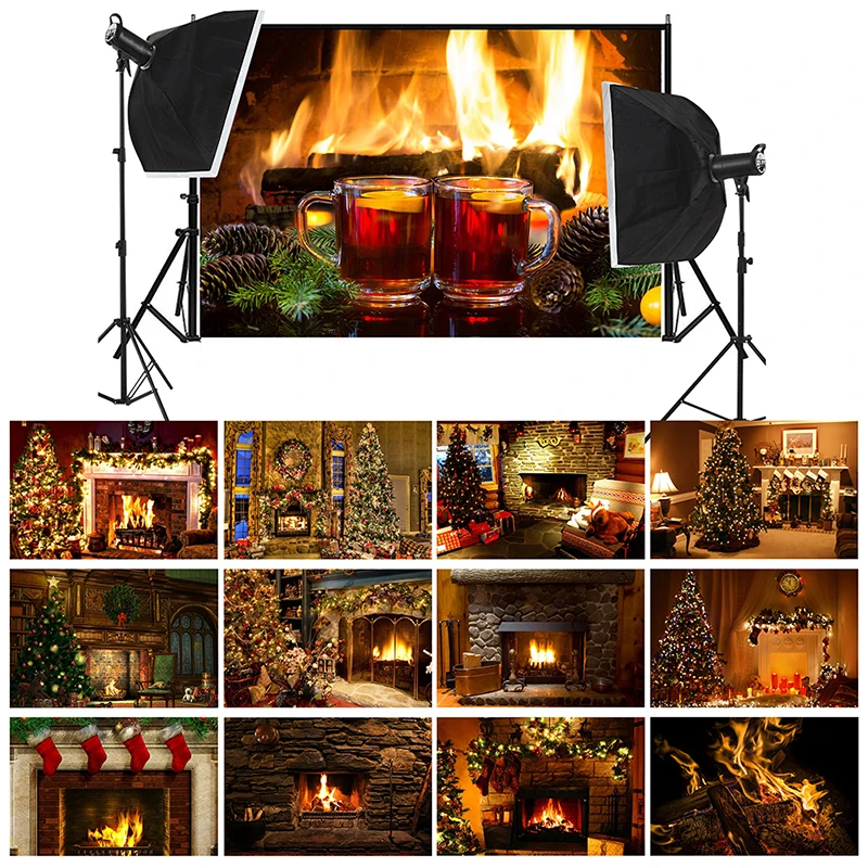 New Year Christmas Tree Gift Photo Old Brick Fireplace Background Photography Backdrop Photocall Studio Party Home Decoration