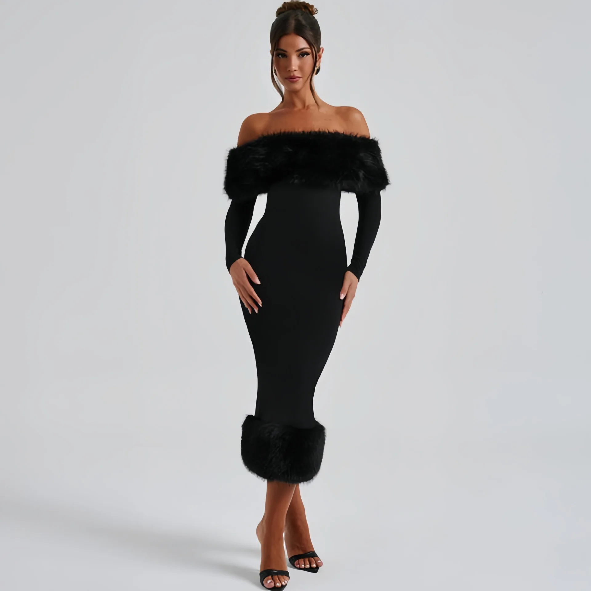 

Women's Dress 2026 Spring Autumn Winter Dress Furry Collar Off The Shoulder Long Sleeve Elegant Slim Fit Evening Gown