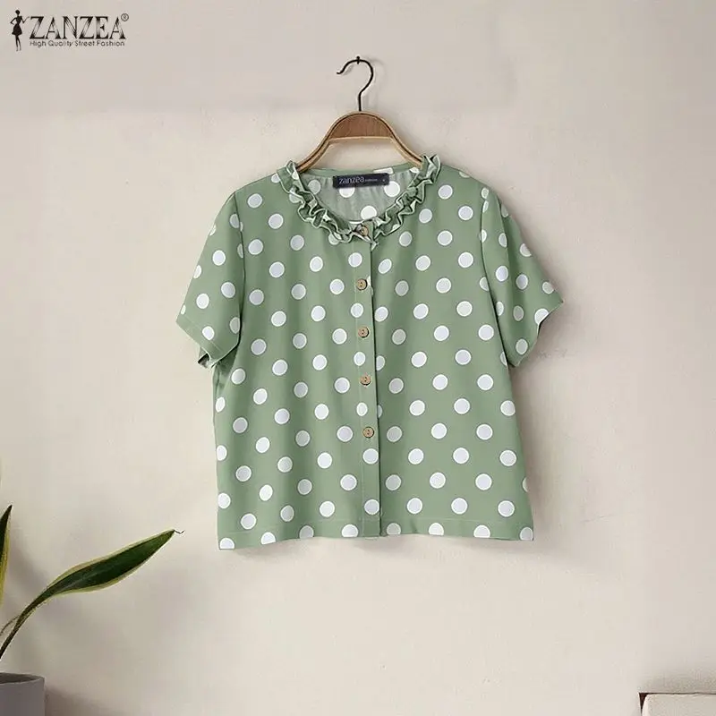 

ZANZEA Woman Polka Dot Blouses Casual Loose O-Neck Ruffles Trim Short Sleeve Button Up Shirt Summer Daily Wear Blusas de Mujer