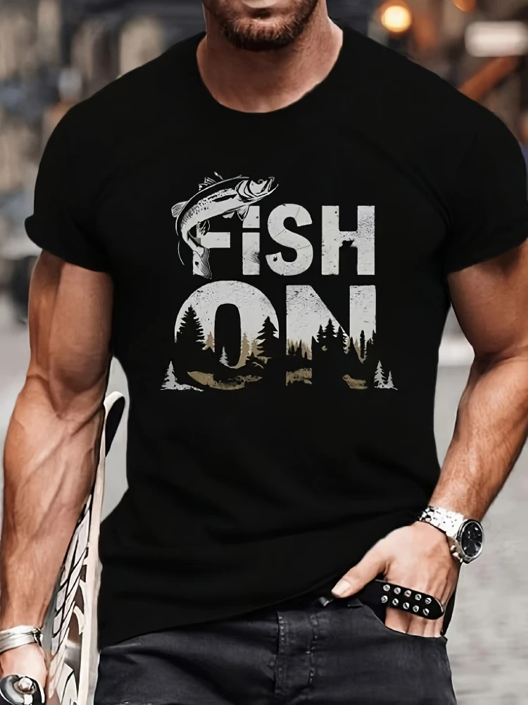 

"FISH ON" Graphic-with Nature-Inspired 100% cotton Print, Short Sleeve, Round Neck for Summer T-shirt.